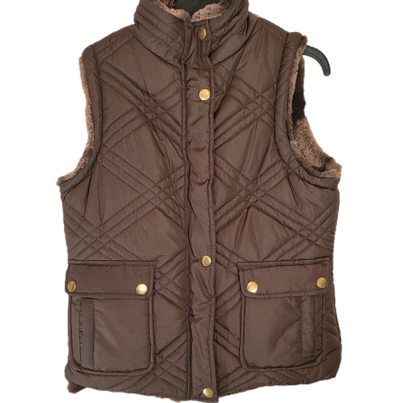 Valerie Stevens Brown ReversibleQuilted Faux Fur Winter Puffer Vest Size Medium - Picture 2 of 8